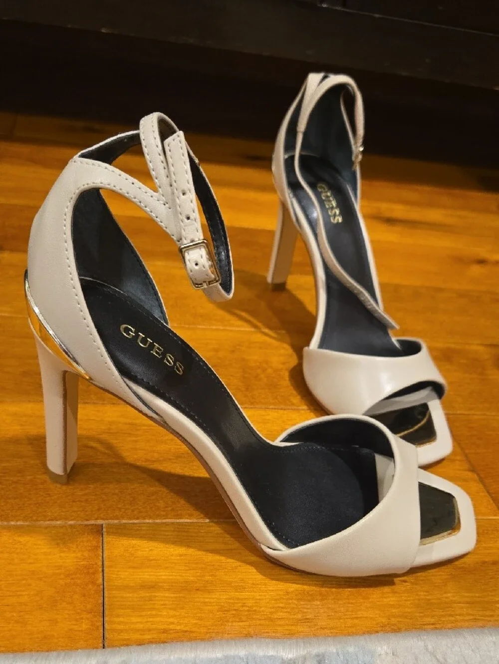 Guess Cream Open-Toe Ankle-Strap Block Heels with Gold Accent